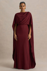 Pristina | Burgundy High-Neck Woven Maxi Dress With Cape Detail