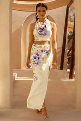 Stassi | Lilac Floral Placement Print Ruched Split Maxi Skirt