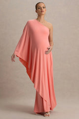 Waves | Coral Asymmetric Maternity Maxi Dress With One-Sleeve Cape