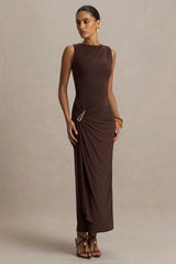 Fiora | Brown High-Neck Maxi Dress With Metal Detail