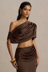 Entrapment | Brown Satin Boat-Neck Crop-Top With Ruched Detailing
