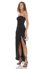 Overlap Shimmer Strapless Dress in Black