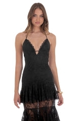 Sheer Lace Ruffle Maxi Dress in Black