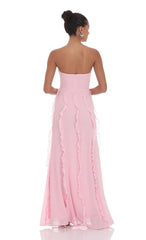 Chiffon Rosette Ruffle Maxi Dress in Pink