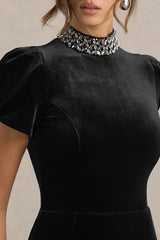 Margot | Black High-Neck Velvet Mini Dress With Embellished Detail