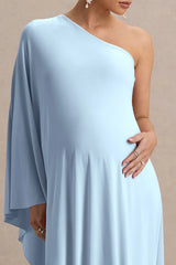 Waves | Powder Blue Asymmetric Maternity Maxi Dress With One-Sleeve Cape