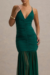 Pasqualina | Bottle Green Ruched Plunge-Neck Maxi Dress