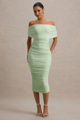 Rayleigh | Light Green Bardot Ruched Midi Dress