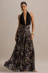 Ferreira | Zebra Print Plunge-Neck Maxi Dress