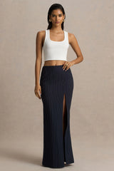 Elana | Navy Pinstripe Maxi Skirt With Front-High Split