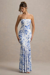Callie | Blue Porcelain Print Bandeau Fishtail Maxi Dress