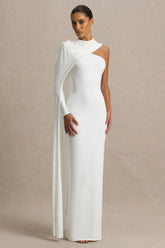 Dawn | Cream High-Neck Maxi Dress With One Long-Sleeve And Cape