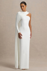 Dawn | Cream High-Neck Maxi Dress With One Long-Sleeve And Cape