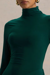 Betsy | Bottle Green High-Neck Maxi Dress With Front Split And Ruched Detailing