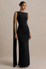 Premiere | Black Boat-Neck Maxi Dress With Open-Back And Cape-Sleeves