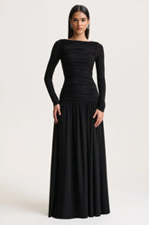 Aniyah | Black High-Neck Maxi Dress With Ruched Detailing
