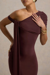 Praia | Burgundy Asymmetric-Neck Midi Dress With Sash and Draped Detailing
