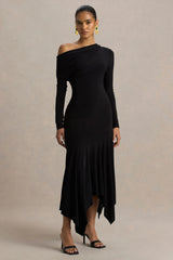 Isola | Black Asymmetric-Neck Midi Dress With Drop-Waist