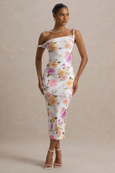 Nora | Peach And Lilac Floral Twisted Asymmetric Midi Dress