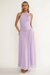 Brighten Drop Waist Flower Accent Maxi Dress Lilac