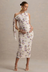 Katarine | Peach Floral Print Asymmetric Knot Maternity Midi Dress