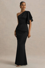 Unforgettable | Black Asymmetric-Neck Maxi Dress With Ruched Detailing