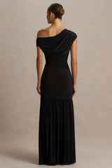 Kady | Black Asymmetric-Neck Maxi Dress With Ruched Detailing and Front-High Split