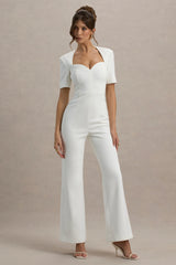 Simone | White Sweetheart Short-Sleeve Wide-Leg Jumpsuit