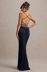 Gia | Navy Satin Cowl-Neck Maxi Dress