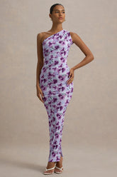 Venetia | Purple Floral Print One-Shoulder Tie-Back Maxi Dress