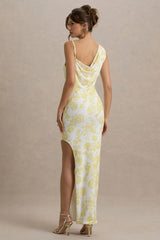Sitara | Lemon Porcelain Print Cowl-Neck Maxi Dress With Asymmetric Skirt