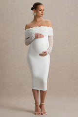 Adita | White Mesh Floral Bardot Maternity Midi Dress