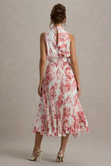 Nila | Pink Porcelain Print Cowl-Neck Midi Dress With Plisse Skirt