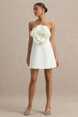 Daffodil | White Bandeau Mini Dress With Large Floral Corsage