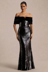 Bex | Black Sequin Bardot-Neck Maxi Dress