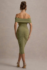 Clovette | Olive Ruched Bardot Cut-Out Midi Dress