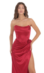 Flower Satin Draped Strapless Maxi Dress in Red