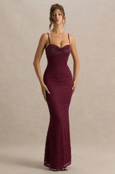 Juana | Burgundy Sweetheart-Neck Satin And Lace Maxi Dress