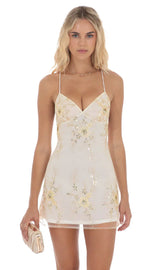 Sequin Embroidered Open Back Dress in Ivory