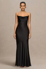 Maelia | Black Satin Cowl-Neck Maxi Dress With Diamante Straps