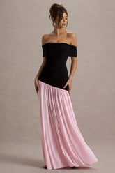 Venezia | Black & Pink Bardot Maxi Dress With Drop-Waist