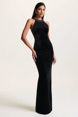Darya | Black Velvet Embellished High-Neck Maxi Dress