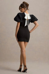Delaney | Black Puff-Sleeve Mini Dress With White Bow