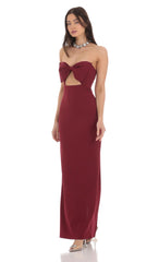 Bow Cutout Strapless Maxi Dress in Maroon
