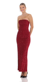 Velvet Sequin Strapless Maxi Dress in Red