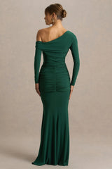 Clover | Dark Green Asymmetric-Neck Wrapped Maxi Dress With Sash