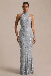 Zaira | Silver Sequin High-Neck Maxi Dress With Open-Back