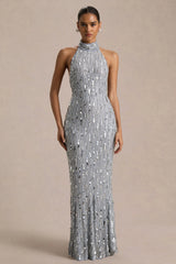 Zaira | Silver Sequin High-Neck Maxi Dress With Open-Back