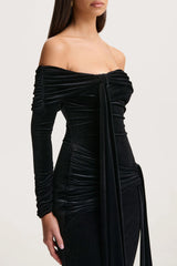 Jessara | Black Bardot-Neck Maxi Dress With Knot-Details