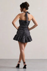 Zahra | Black & White Polka Dot Halter-Neck Ruched Mini Dress With Ruffle Hem